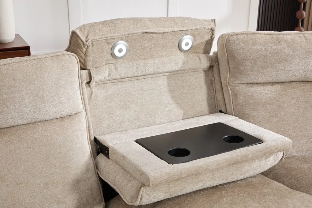 Coltar dumonde cu 3 reclinere electrice, incarcare USB, USB-C, tava, lumini de citit, suport pahare, textil, Vireon 317x347cm