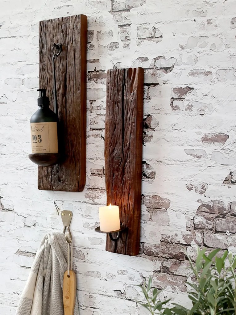 Aplica decorativă pentru lumânare, din lemn reciclat și suport metalic H43 cm, Grimaud