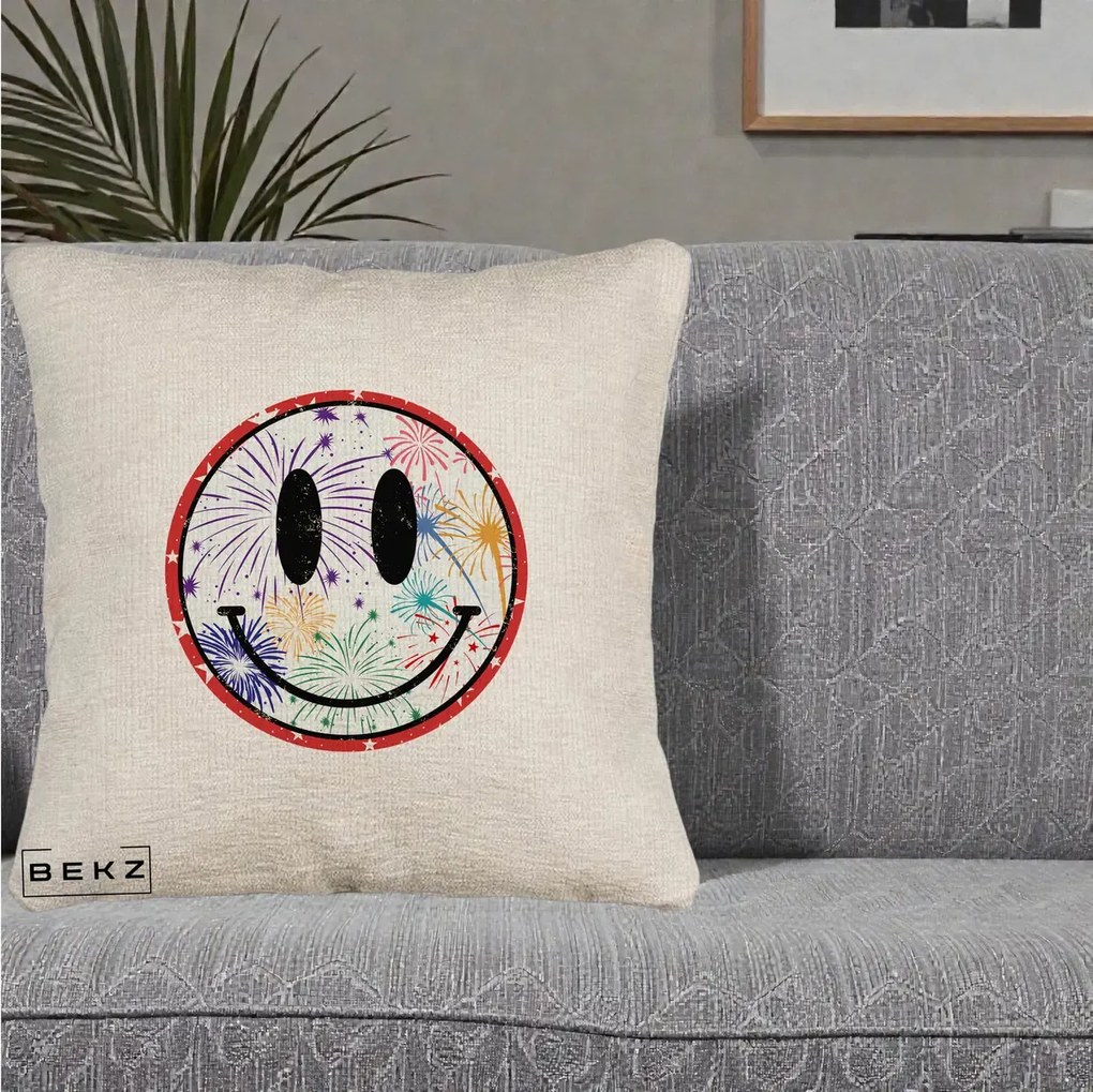 Perna decorativa Smiley Face cu Artificii Multicolore, 40x40 cm cu Umplutura, Bej Canapea, BEKZ