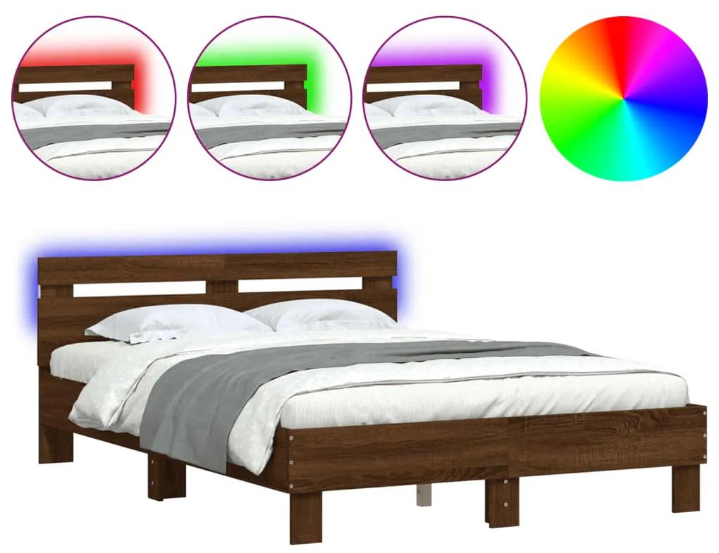 3207559 vidaXL Cadru de pat cu tăblie și LED, stejar maro, 120x200 cm