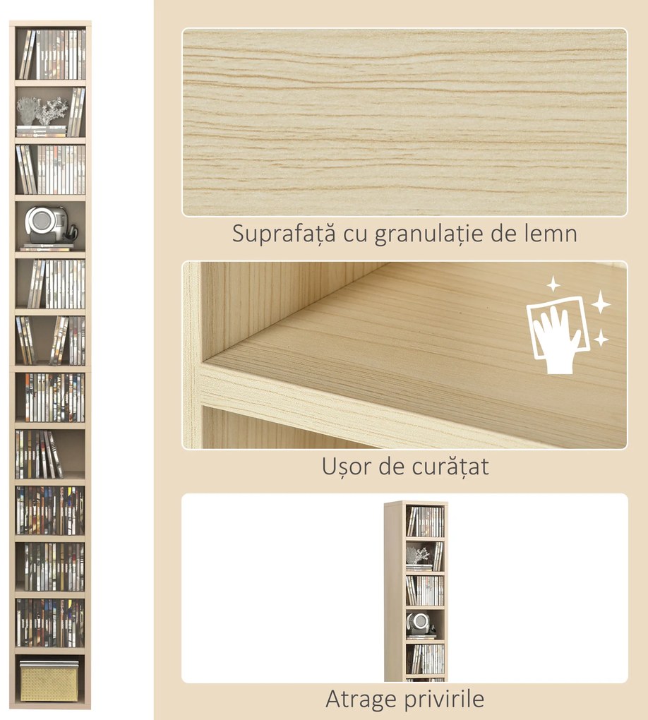 HOMCOM Dulap Biblioteca Suport CD-uri cu 12 Rafturi pentru 204 CD-uri, Raft Biblioteca din MDF si PAL, 21x20x175 cm, Lemn natural