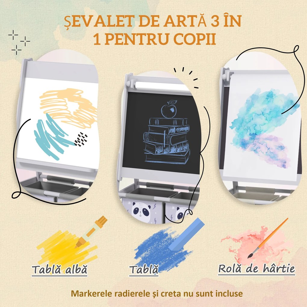 AIYAPLAY Tablă pentru Copii 3-În-1 cu 2 Rafturi și Șevalet din Lemn pentru Copii de 3-8 Ani, 54x46,5x93 cm, Roz | Aosom Romania