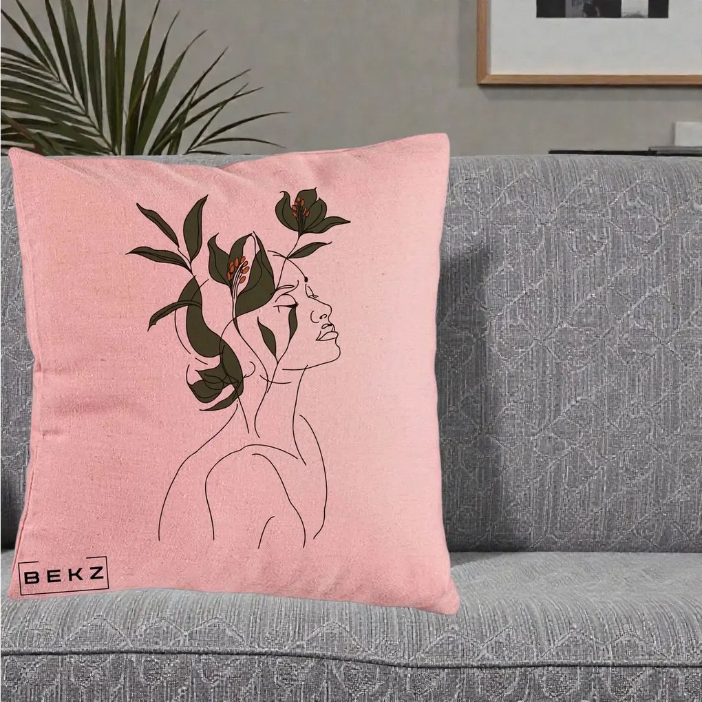Perna Decorativa Portret Feminin Crin Verde, 40x40 cm, Roz, Husa Detasabila, Perna Inclusa, BEKZ®
