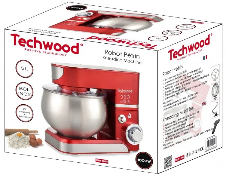 Mixer planetar Techwood TRO-1065, 1000W, 5 litri, 6 viteze, Pulse, Protectie la suprasarcina, Rosu/Inox