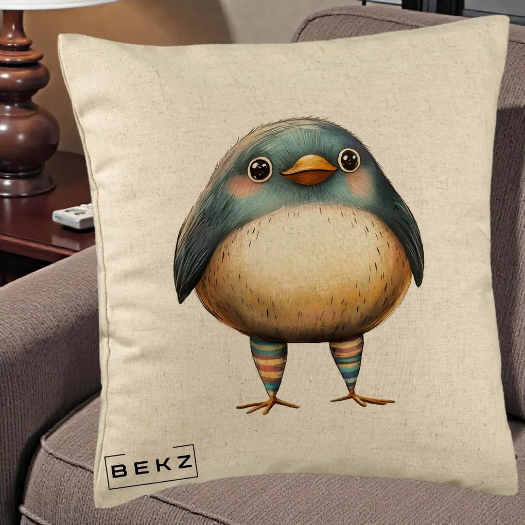 Perna Decorativa Pasare Teal-Bej cu Sosete Curcubeu, 40x40 cm, Bej, Husa Detasabila, Perna Inclusa, BEKZ®