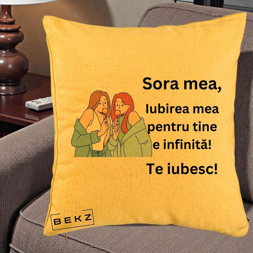Cadou pentru Sora - Perna Personalizata Sora Mea Te Iubesc Doua Fete cu Acadele, 40x40 cm, Galben, Husa Detasabila, Perna Inclusa, BEKZ®