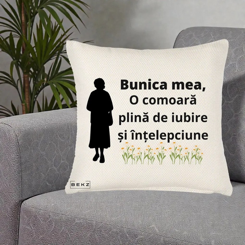 Cadou pentru Bunica - Perna Personalizata Bunica Mea Comoara Iubire Intelepciune Silueta cu Nepoata, 40x40 cm, Crem Reliefat, Husa Detasabila, Perna Inclusa, BEKZ®