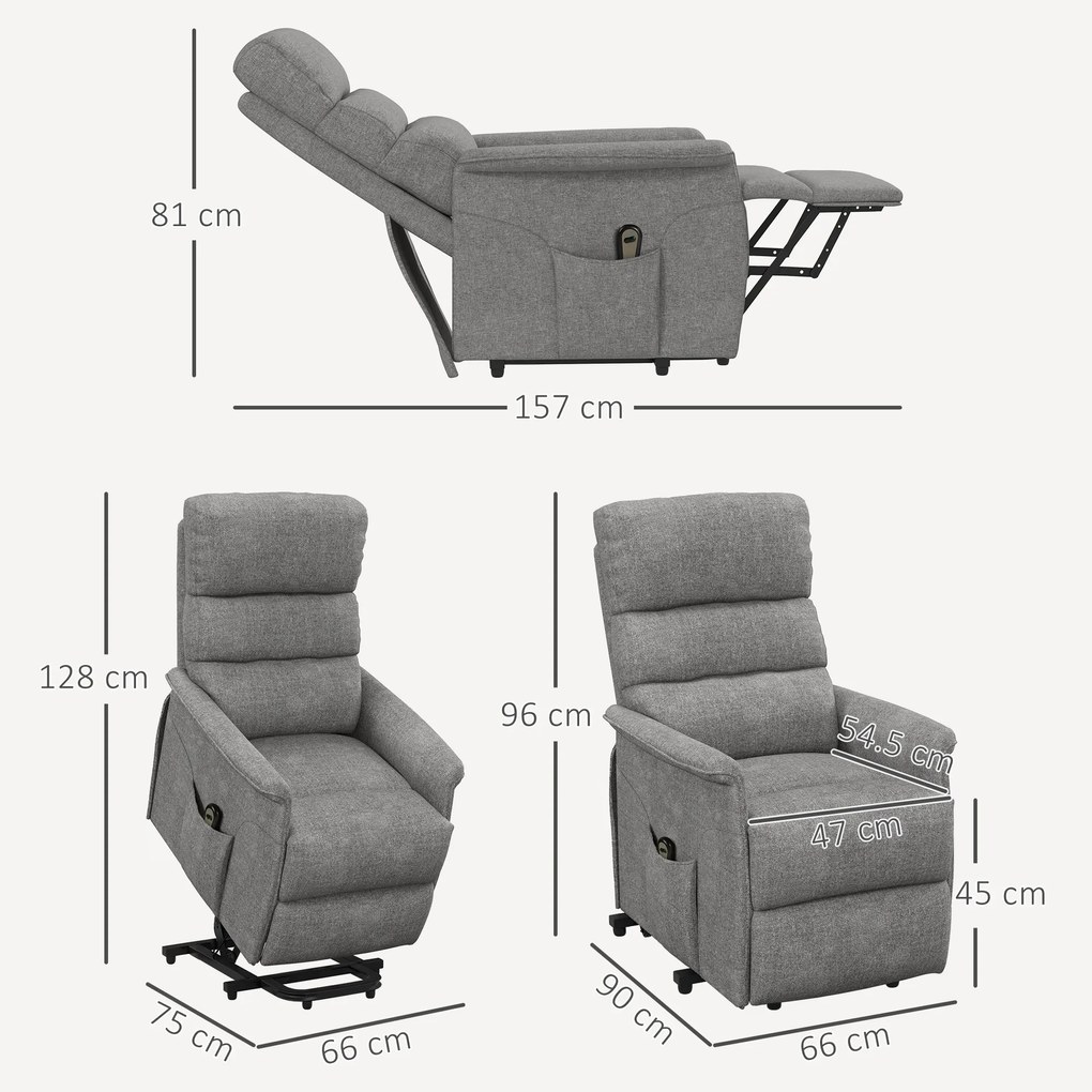 HOMCOM Scaun de relaxare cu funcție de ridicare, spătar/picioare reglabile, până la 120 kg, 66 x 90 x 96 cm, Gri | Aosom Romania