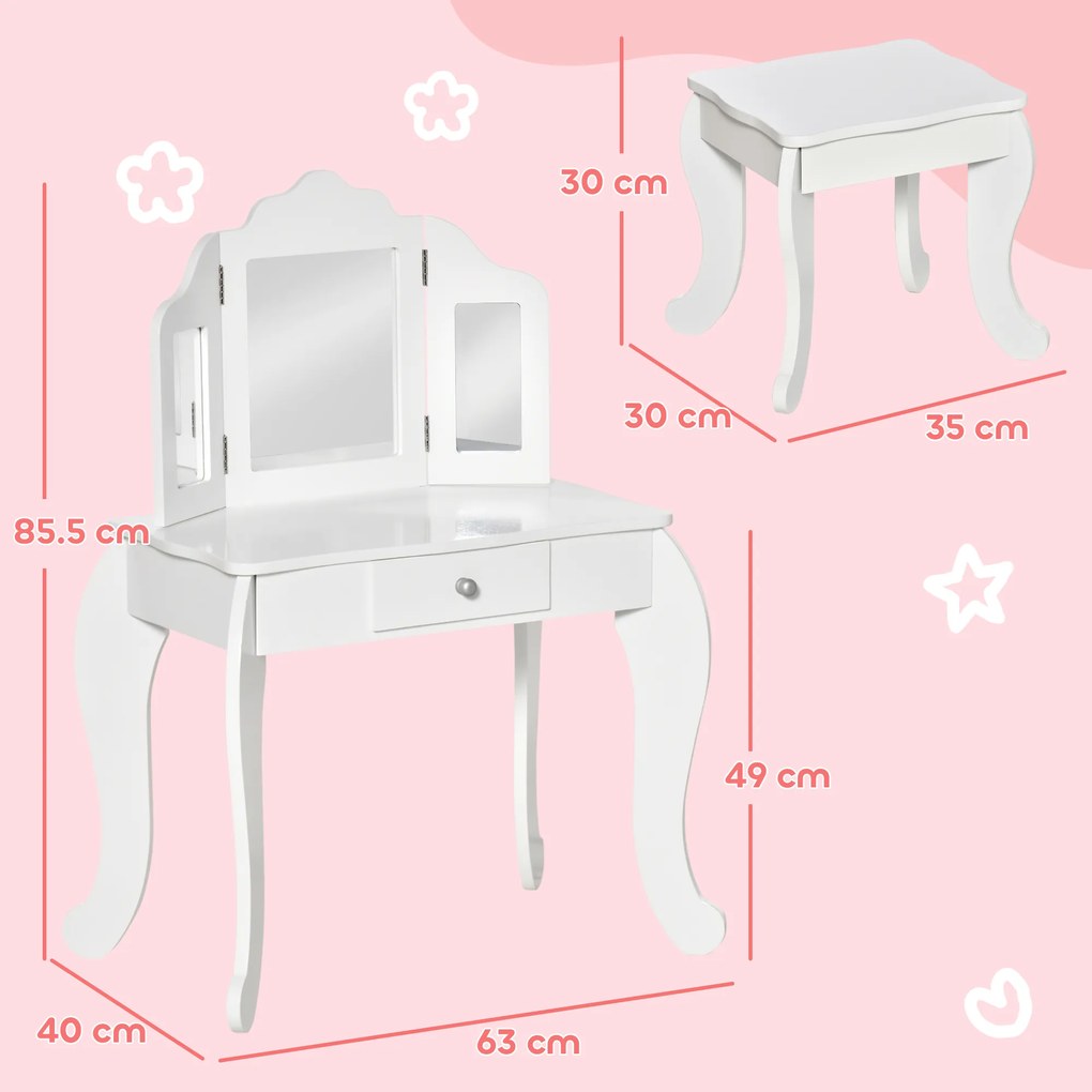 HOMCOM Coafatoare pentru Copii cu Taburet, oglindă triptică și Sertar Culisant - Dimensiuni Coafatoare 63L x 40l x 85,5H cm - Alb Acrilic | Aosom Romania