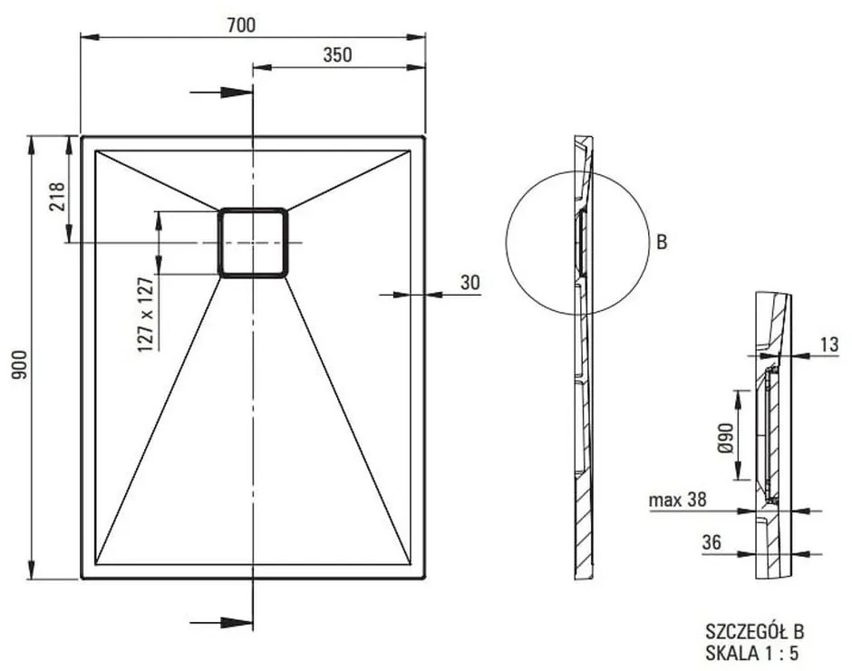 Cadita dus compozit slim antracit 90x70 cm Deante Correo 900x700 mm, Antracit