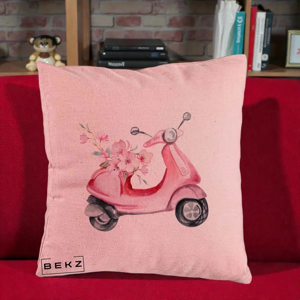 Perna Decorativa Scuter Roz cu Flori Acuarela, 40x40 cm, Roz, Husa Detasabila, Perna Inclusa, BEKZ®