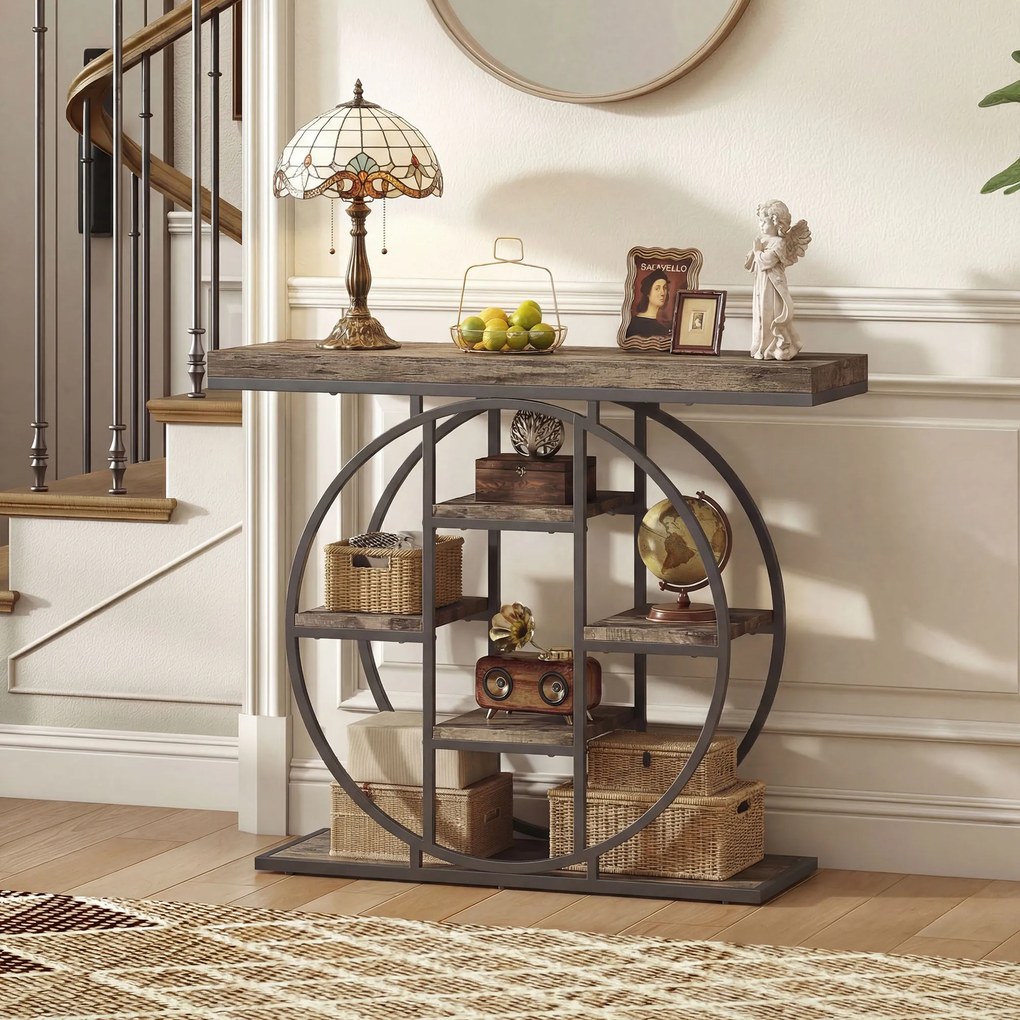 HOMCOM Masă consolă industrială cu rafturi și cadru circular din oțel, 100 x 30 x 81,5 cm, maro rustic | Aosom Romania