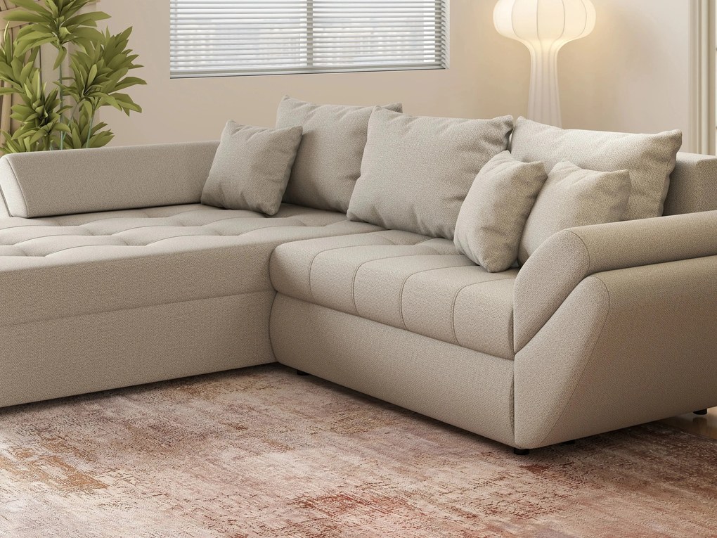 Colțar extensibil dumonde cu ladă de depozitare si sezut confortabil din spuma high-density, Loana Enjoy Bej 270x185 cm