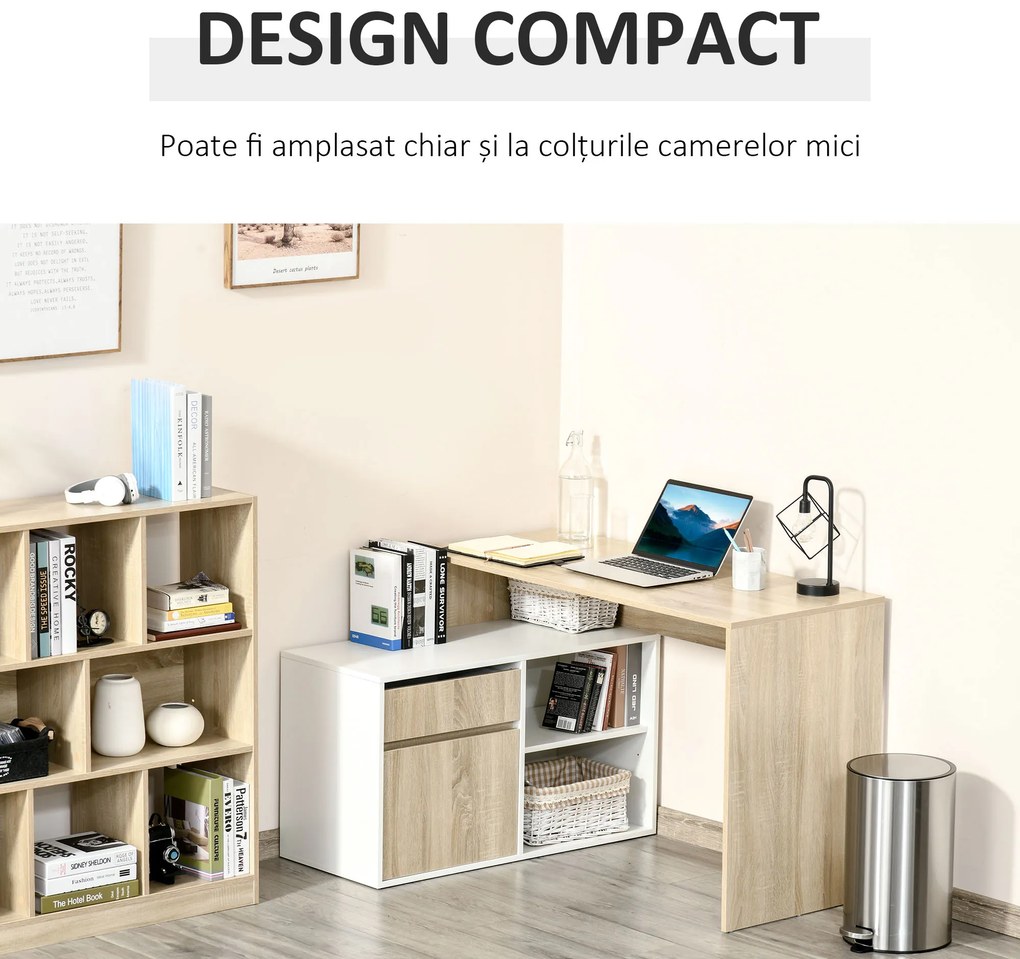 Birou unghiular din lemn cu un sertar, un dulapior si doua rafturi deschise, din PAL 120x92x75.5cm HOMCOM | Aosom Romania