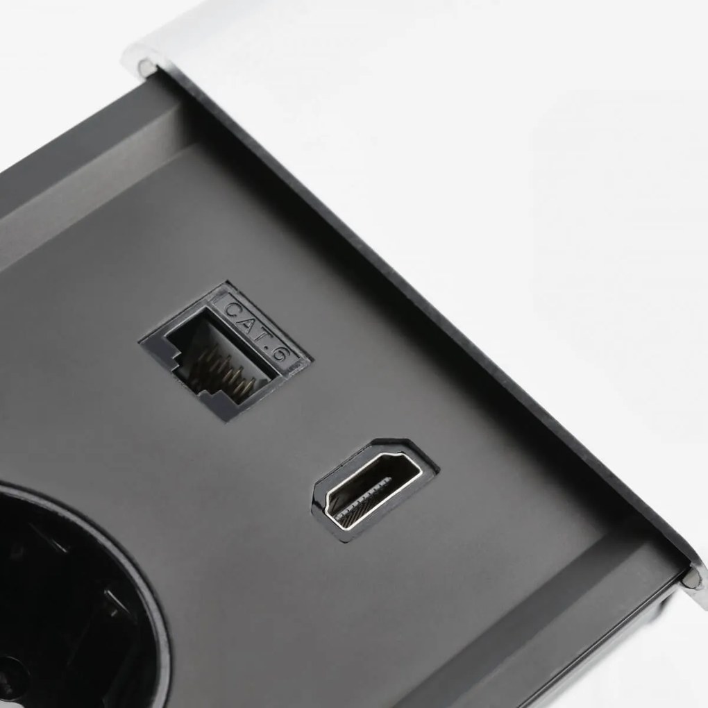 Priza incorporabila dreptunghiulara, 2 prize schuko, USB A+C, priza RJ45 cat 6, HDMI, cablu 1.5 m, capac magnetic, argintiu, GTV