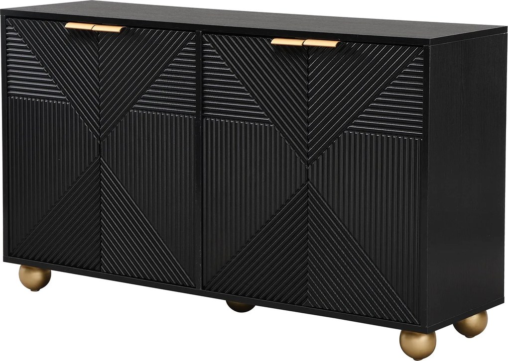 Bufet cu patru uși gravate, mânere metalice și picioare sferice, mult spațiu de depozitare, 120x35x71,5 cm, Negru