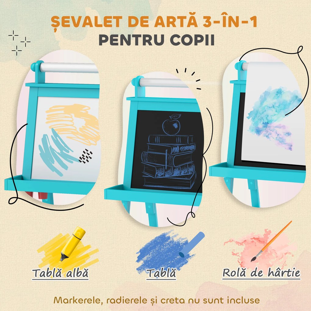 AIYAPLAY Tablă de Desen Dublă cu Magnet, Sul de Hârtie și Depozitare, Pentru Copii 3-6 Ani, 59x48x118 cm, Albastru | Aosom Romania