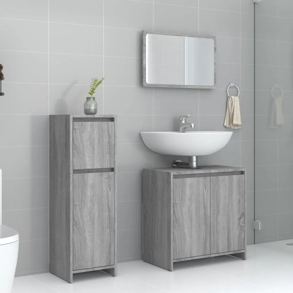 vidaXL Set mobilier de baie, 3 piese, gri sonoma, lemn prelucrat