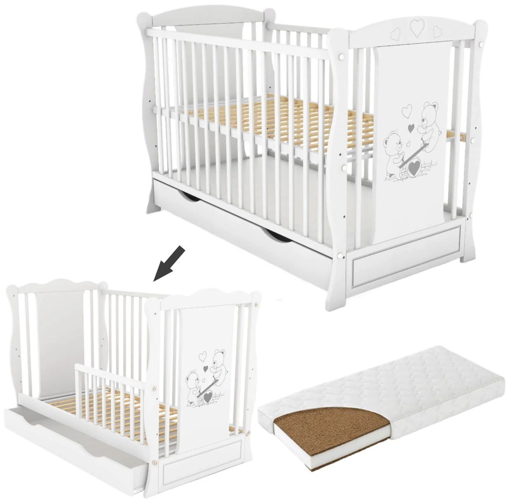 Patut din lemn masiv 2 in 1 Maya alb cu sertar si saltea cocos LUX 120x60x9 cm, include bariera