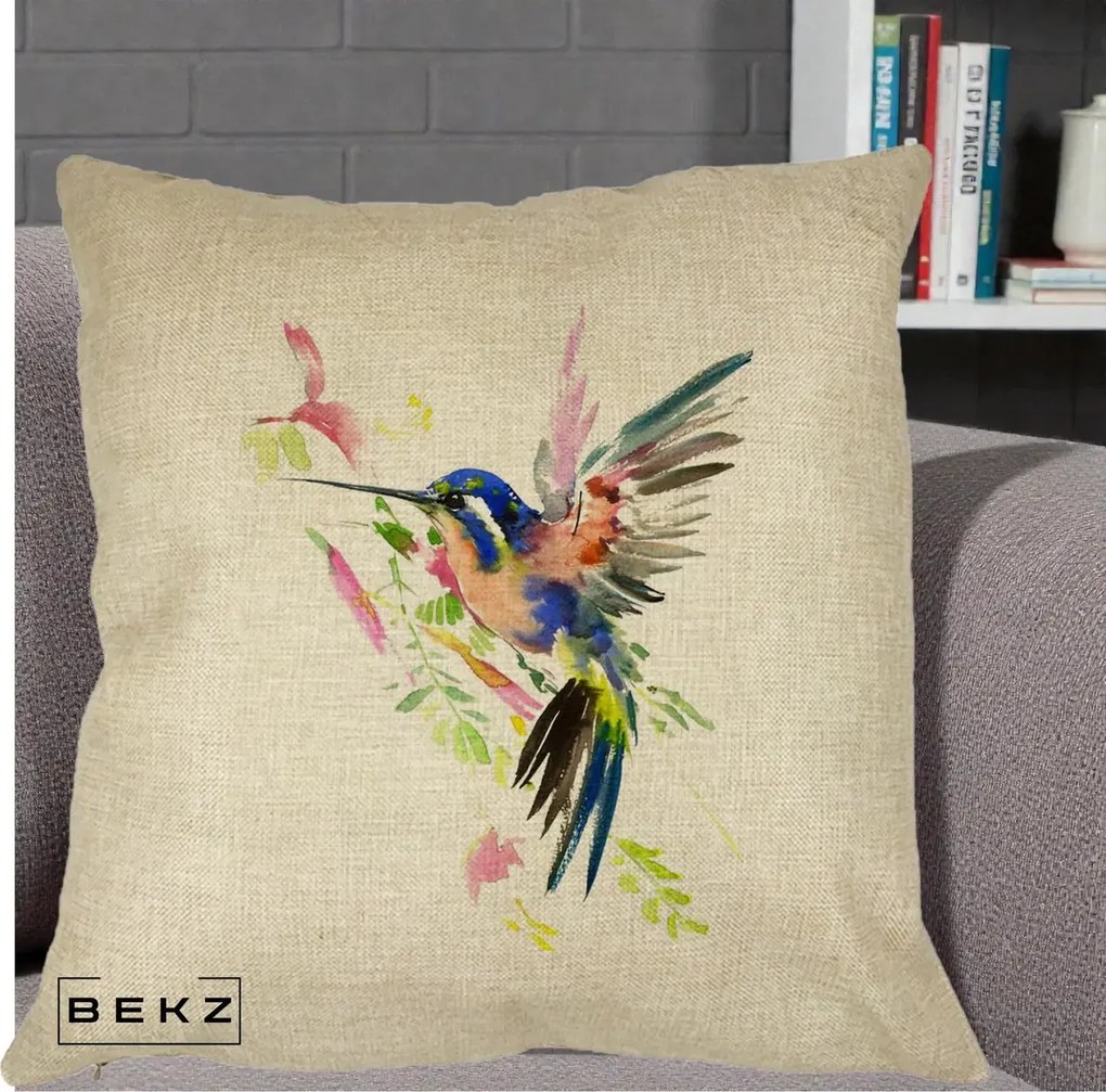 Perna Decorativa Colibri Acuarela, 40x40 cm, Crem, Husa Detasabila, Perna Inclusa, BEKZ®