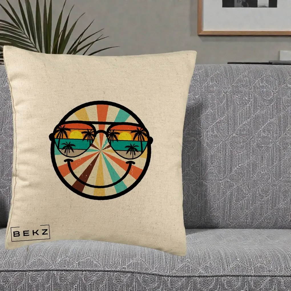 Perna Decorativa Smiley Face Retro Sunset Palmieri, 40x40 cm, Bej, Husa Detasabila, Perna Inclusa, BEKZ®