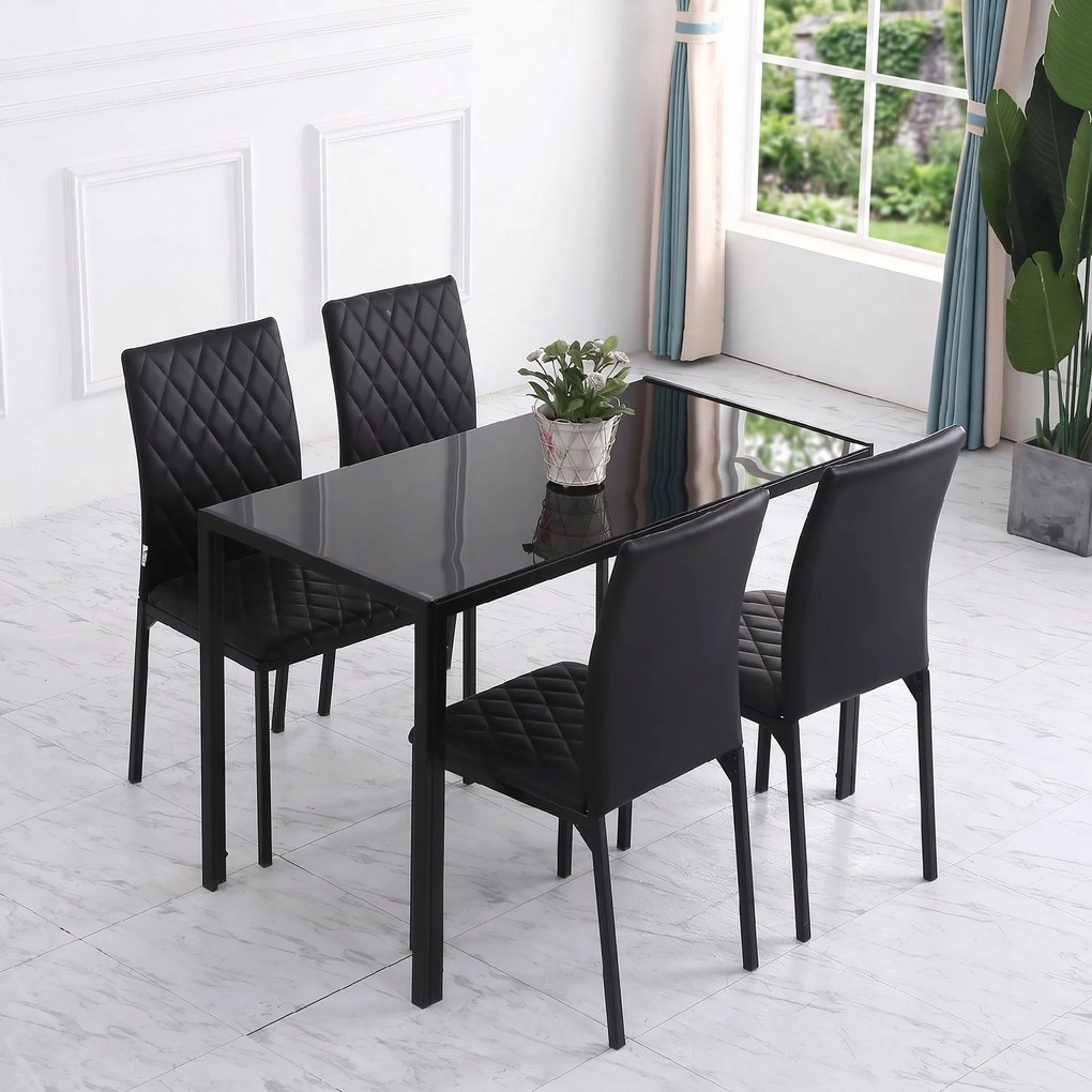 HOMCOM Set de 4 Scaune din Piele Ecologică cu Cusături Romboidale și Picioare din Oțel, 41x50x91 cm, Negru | Aosom Romania