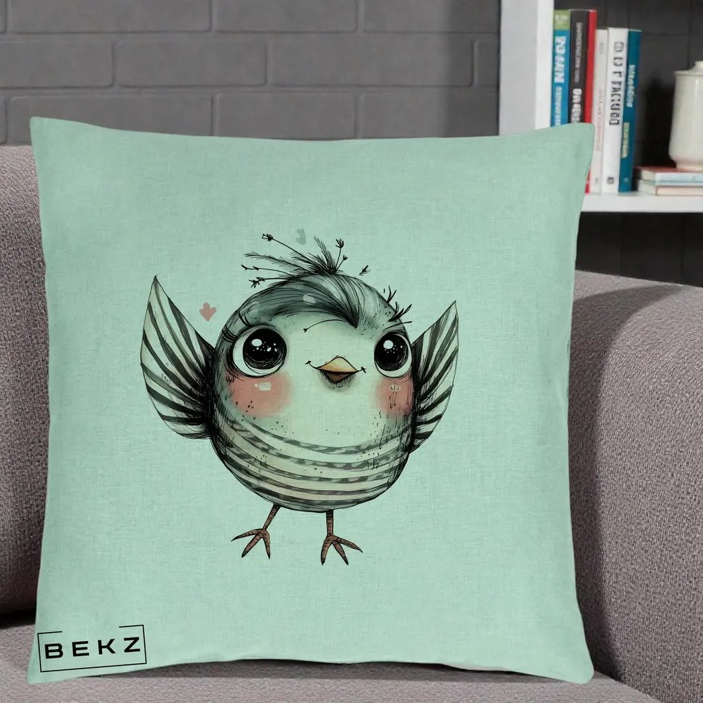 Perna Decorativa Pasare Gri cu Aripi si Inimioare, 40x40 cm, Verde Menta, Husa Detasabila, Perna Inclusa, BEKZ®