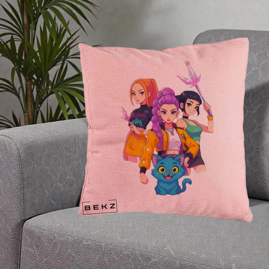 Perna Personalizata K-pop HUNTRX Trio cu Pisica si Cristale, 40x40 cm, Roz, Husa Detasabila, Perna Inclusa, BEKZ®