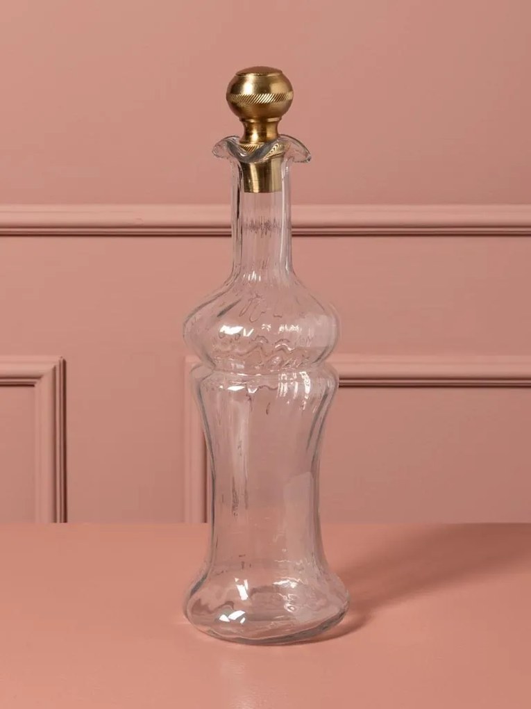 Set 2 sticle decorative din sticlă canelată cu capac sferic din alamă antichizată, 33 × 10 cm, „Flacon"