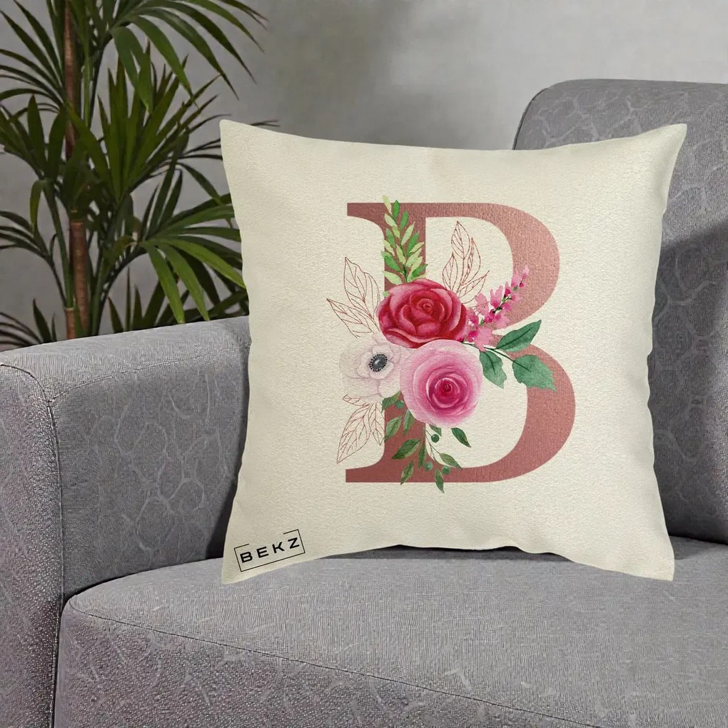 Cadou Personalizat - Perna Personalizata Monograma Rose Gold Litera B, 40x40 cm, Ecru, Husa Detasabila, Perna Inclusa, BEKZ®