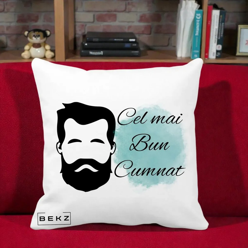 Cadou pentru Cumnat - Perna Personalizata Cel mai Bun Cumnat cu Portret Barbat si Pete Teal, 40x40 cm, Alba Mata, Husa Detasabila, Perna Inclusa, BEKZ®