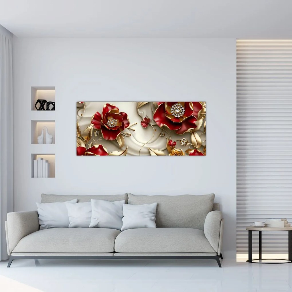 Tablou - Flori 3D Roșu-Auriu (120x50 cm)