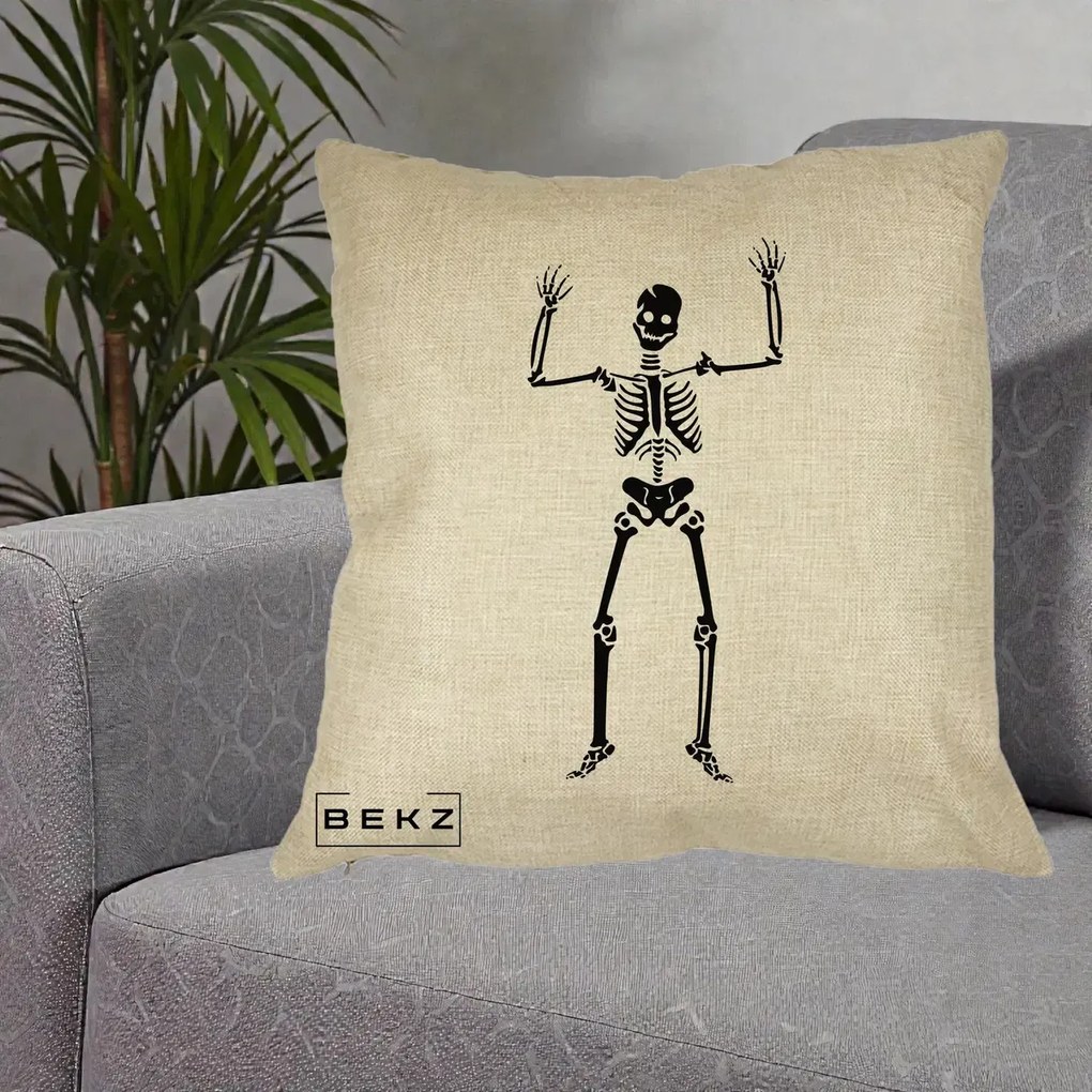 Perna Decorativa Halloween Schelet Dansator, 40x40 cm, Crem, Husa Detasabila, Perna Inclusa, BEKZ®