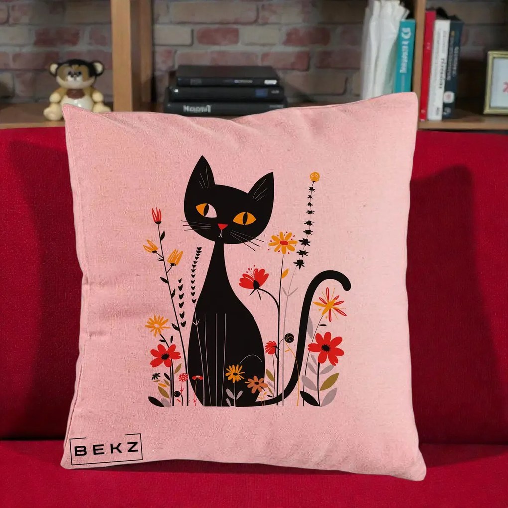 Perna Decorativa Pisica Neagra Ochi Galbeni Flori, 40x40 cm, Roz, Husa Detasabila, Perna Inclusa, BEKZ®