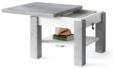 Masă extensibilă CALEB pentru living și dining cu blat cu mecanism de ridicare, gri beton/alb