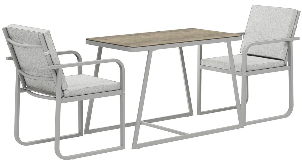 Outsunny Salon de jardin exterior 2 persoane, masă de grădină exterioară cu 2 scaune, 4 perne cadru din oțel gri | Aosom Romania