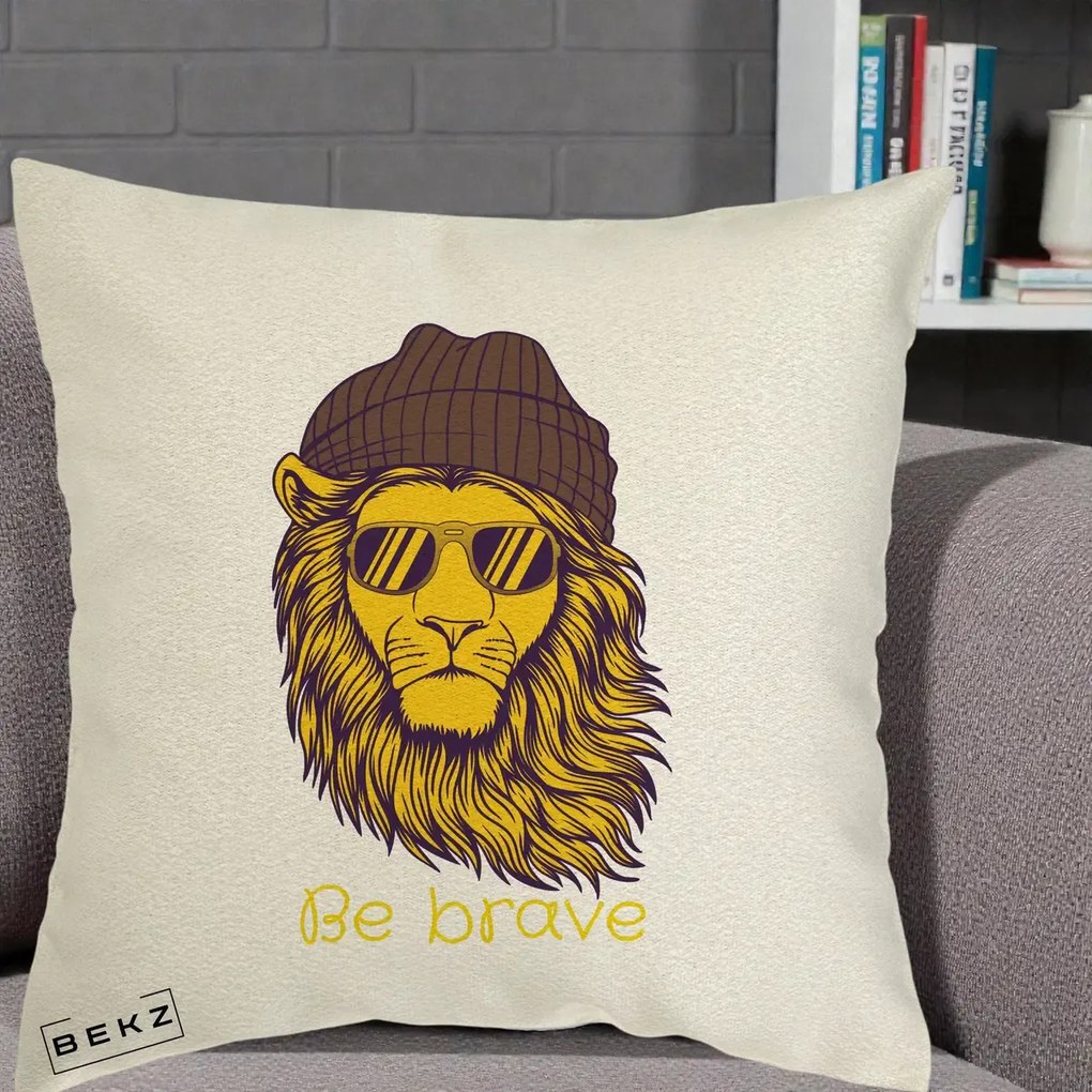 Perna Decorativa Leu Hipster Be Brave, 40x40 cm, Ecru, Husa Detasabila, Perna Inclusa, BEKZ®