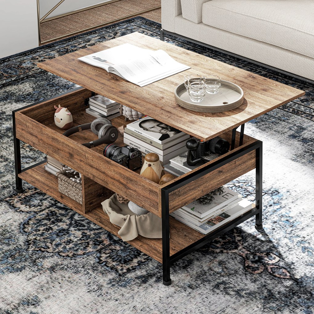 HOMCOM Masă de cafea ridicabilă masă de salon cu compartiment ascuns și 2 rafturi inferioare 100 x 80 x 60 cm maro rustic negru | Aosom Romania
