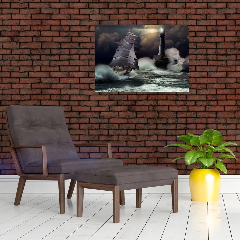Tablou pe sticlă - Vapor în furtună (70x50 cm)