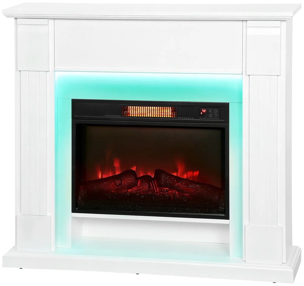 HOMCOM Șemineu Electric Empotrable cu Efect de Flacără 3D Bandă LED RGB 1800W Temporizator Termostat Alb | Aosom Romania