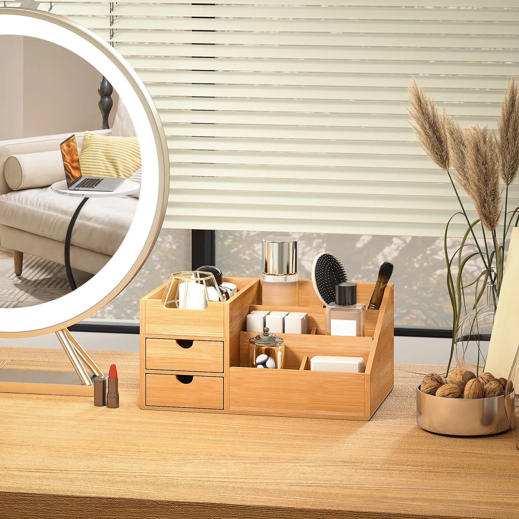 HOMCOM Organizator Birou cu 2 Sertare și 7 Compartimente din Bambus 33x20.5x15.5 cm | Aosom Romania