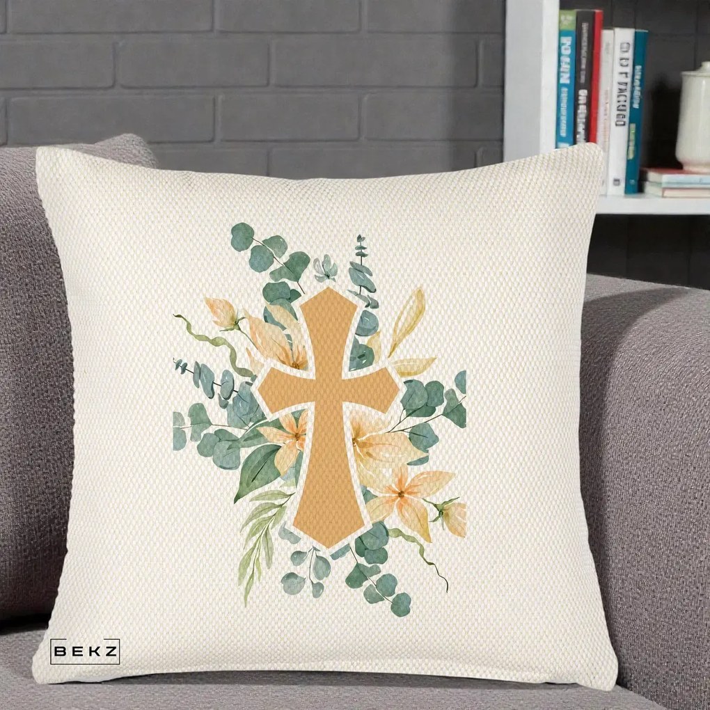 Perna Personalizata Cruce Florala Botez, 40x40 cm, Crem Reliefat, Husa Detasabila, Perna Inclusa, BEKZ®