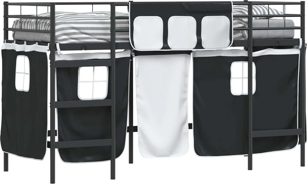 vidaXL Cadru de Pat Pe Două Niveluri pentru Copii cu Cortine Negru