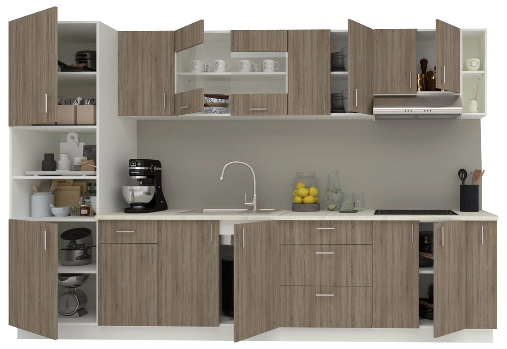 Set Bucatarie Karo V29, Stejar Sonoma Inchis/Alb, Blat Thermo 28 mm, L 320 cm