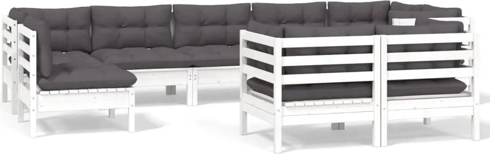vidaXL Set mobilier de grădină cu perne, 9 piese, alb, lemn masiv pin