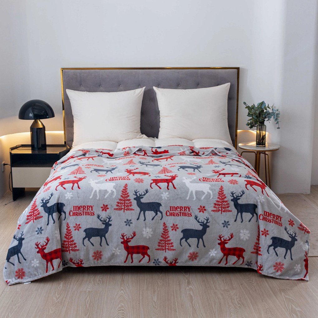 Patura de Craciun din microplus MERRY CHRISTMAS DEER gri Dimensiune: 200 x 220 cm