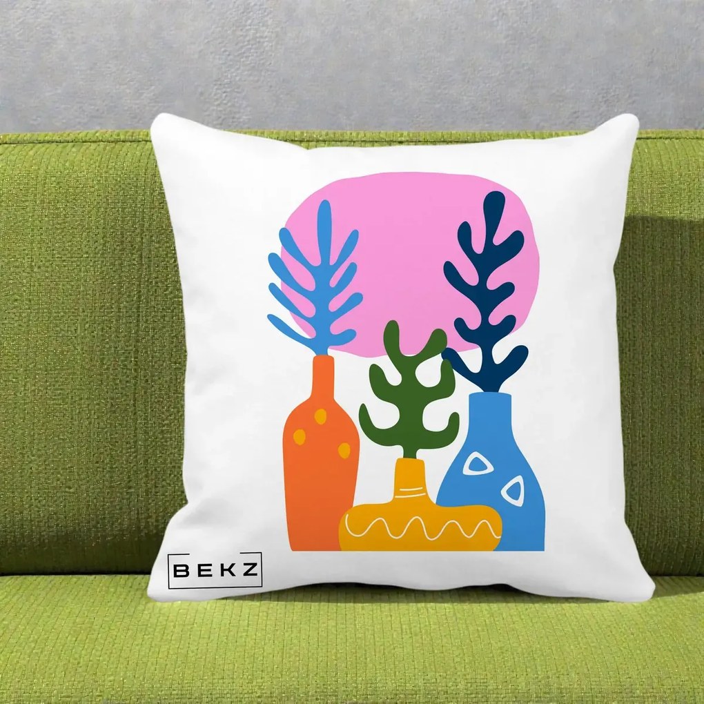 Perna Decorativa Vaze Botanice Abstract, 40x40 cm, Alba Mata, Husa Detasabila, Perna Inclusa, BEKZ®