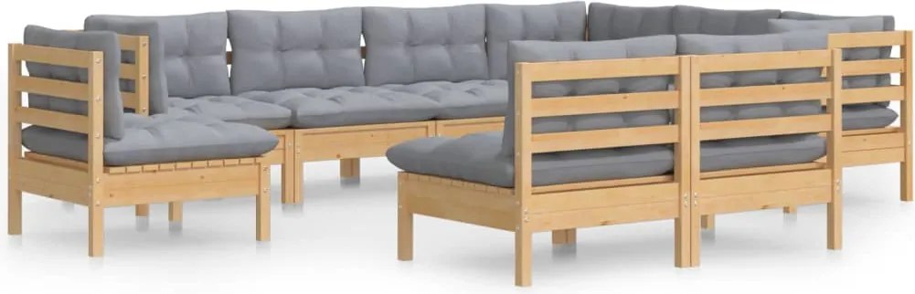 vidaXL Set mobilier de grădină cu perne gri, 9 piese, lemn masiv pin