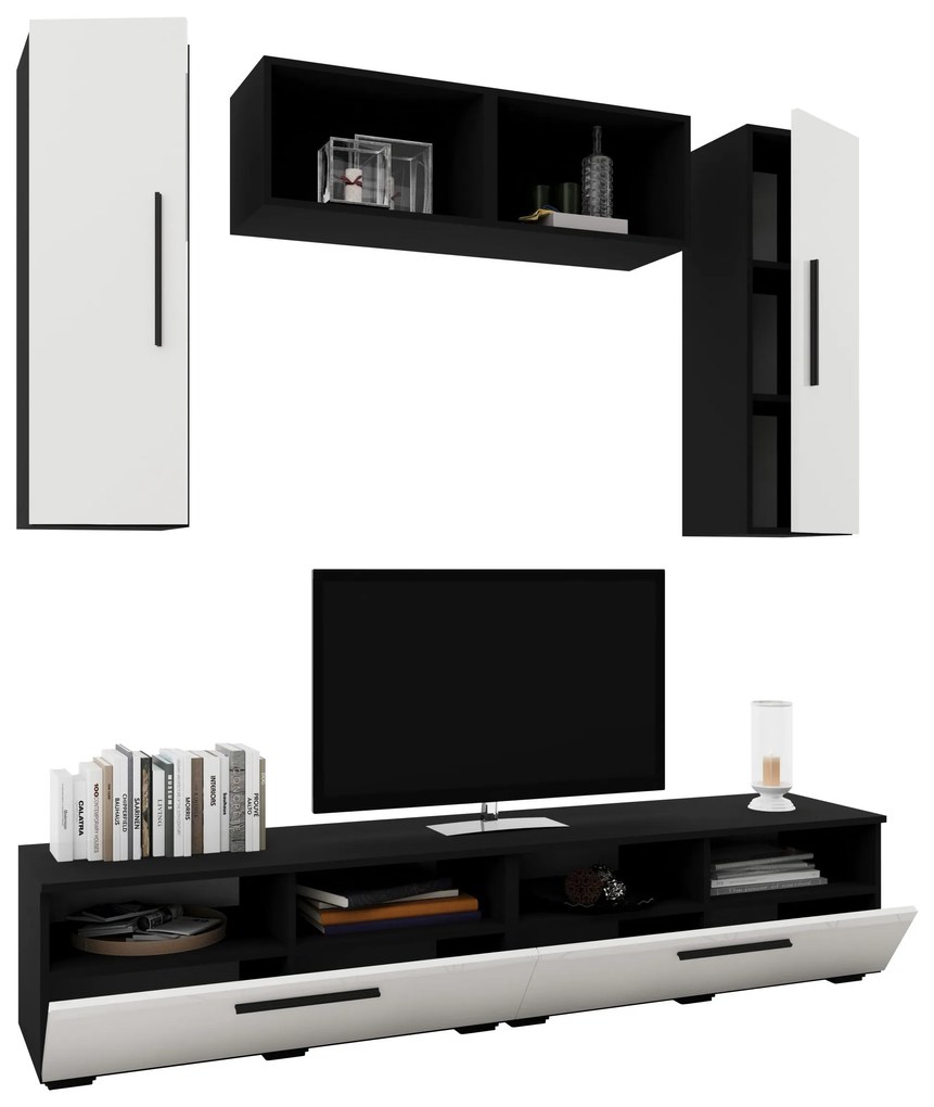 Living Kos V16, Negru/Alb Lucios, MDF, L 190 cm