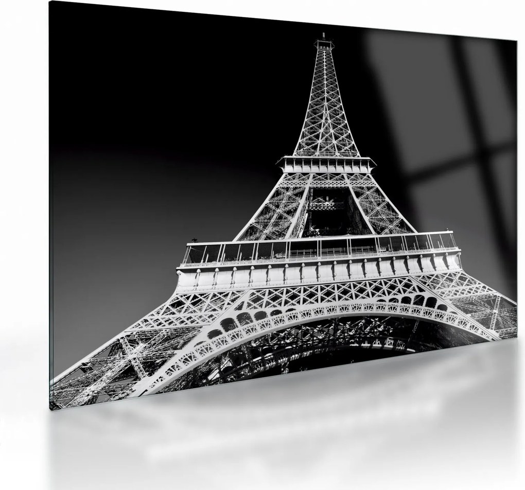 Tablou pe sticlă - Turnul Eiffel, alb-negru (70x50 cm)